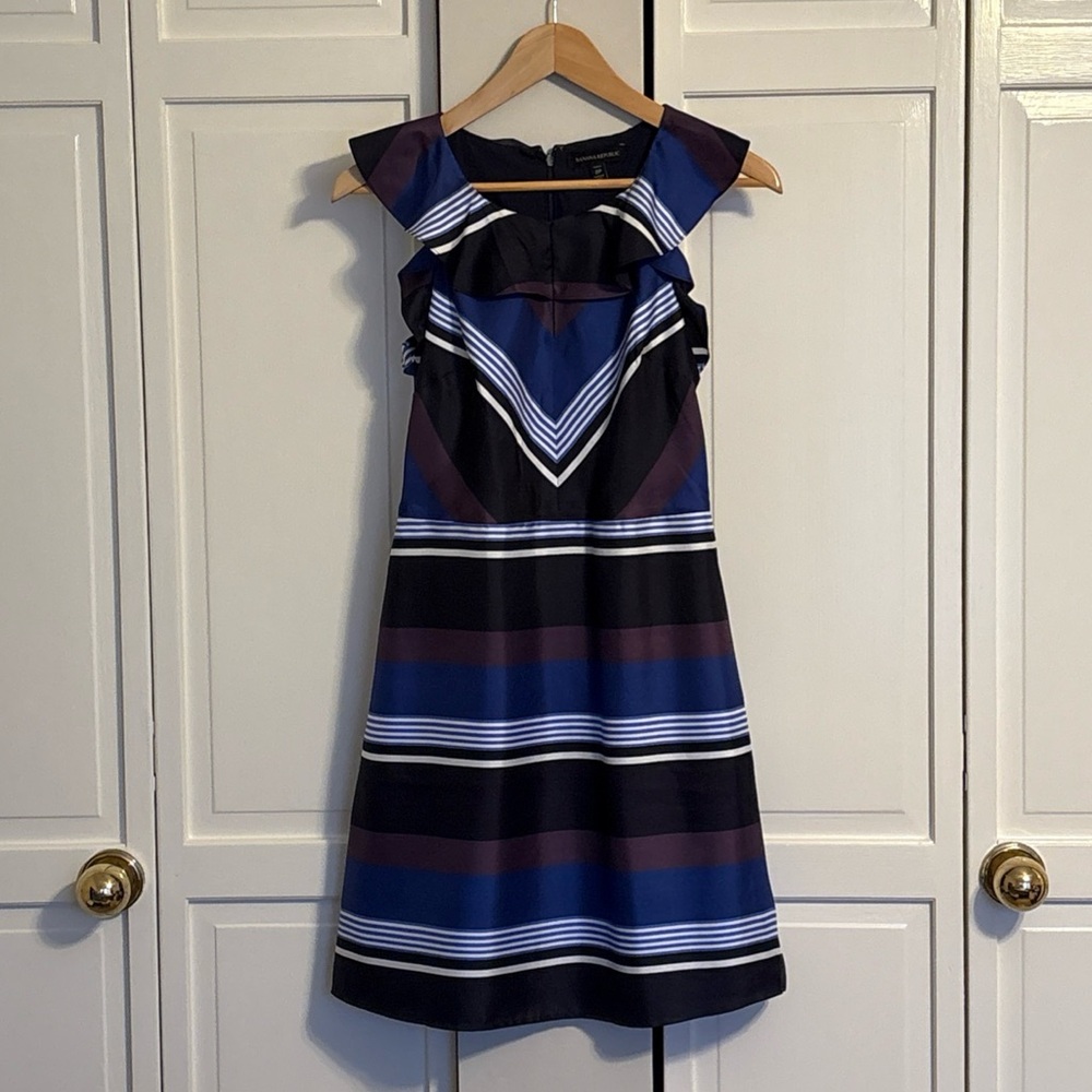 Banana Republic Navy Black Brown White Striped Silk Fit & Flare Mini Dress